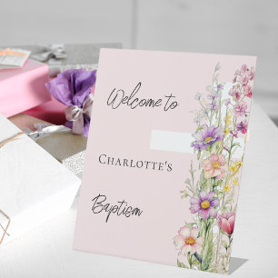De Table Baptême fleurons roses croix fille signe d'accueil
