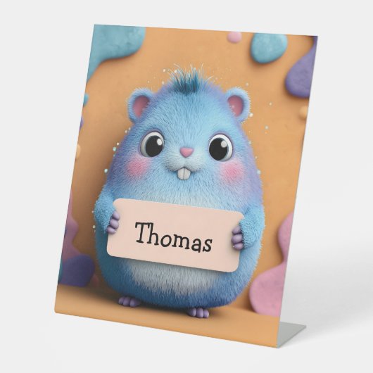 De Table Hamster bleu bouffant tenant un signe avec nom (Recto)