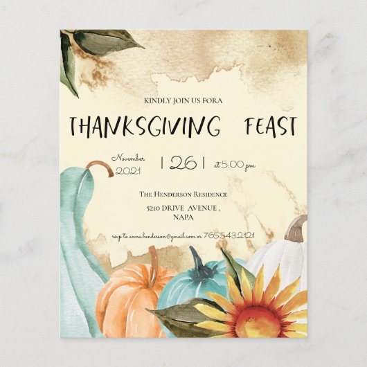 De Thanksgiving van de begroting diner Uitnodiging Flyer (Voorkant)