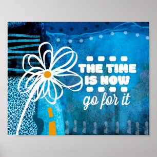 De Tijd Is Nu Abstracte Kunst Bloem Op Blauwe Acht Poster