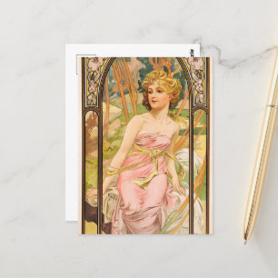 De tijden van de dag, ochtend ontwaken door Mucha Briefkaart