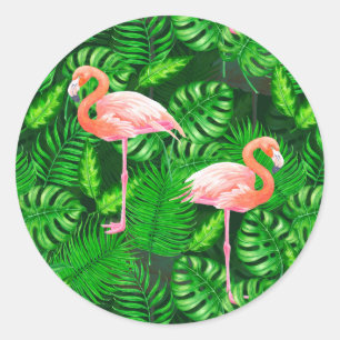 De tropische waterverf van de flamingo ronde sticker