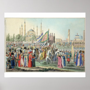 De Turkse sultan herziet zijn Janissaries (engr Poster