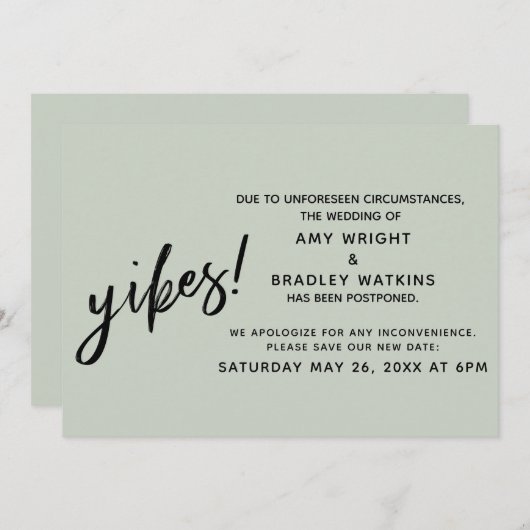 De uitgestelde Humor Yikes van de bruiloft. Sage A Kaart (Voorkant / Achterkant)