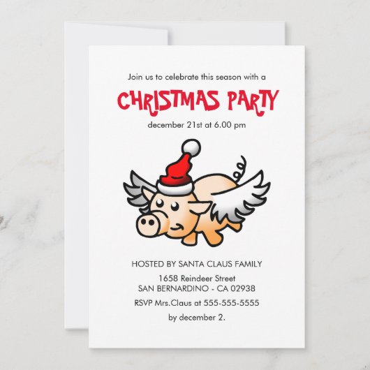 De uitnodiging voor het Flying Christmas Pig Party (Voorkant)
