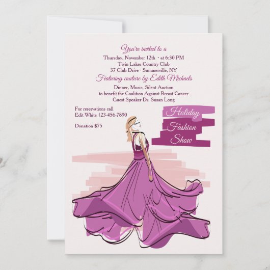 De uitnodiging voor het Violet Gown Mode Show (Voorkant)