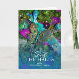 De veer van de pauw en gekleurde boomdecoratie feestdagen kaart