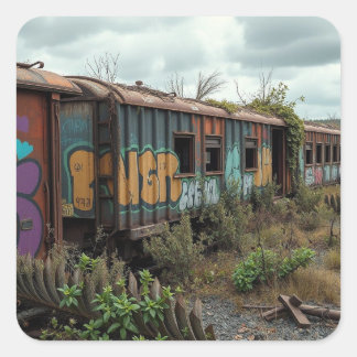 De Vergeten Spoorlijn – Verlaten Graffiti Trein Vierkante Sticker