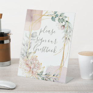 De vergulde frame bloemige groene wedding reclamebord met voetstuk