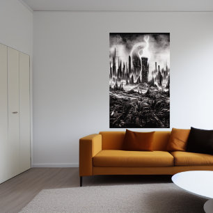 De verschrikking van de verwoeste stad AI Art Po Poster