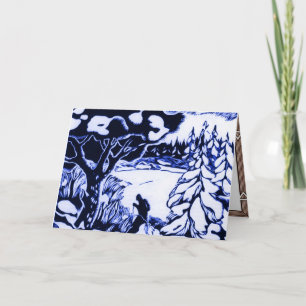 De vintage Houtdruk van Kerstmis, skiër in het bos Feestdagen Kaart