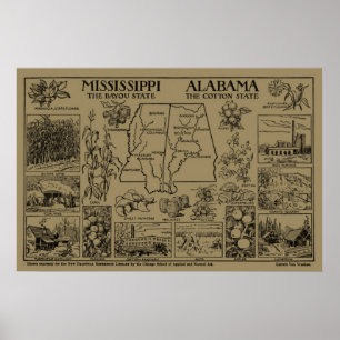 De vintage Illustratieve Kaart van Alabama en van Poster