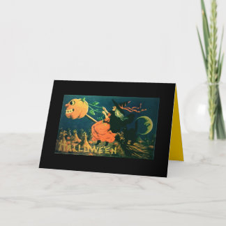 De vintage kaart van Halloween, Heks op bezem,
