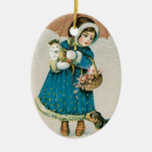 De vintage Kat & de Hond van het Meisje van Keramisch Ornament