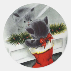 De vintage Kat die van Kerstmis van de Kous in Ronde Sticker