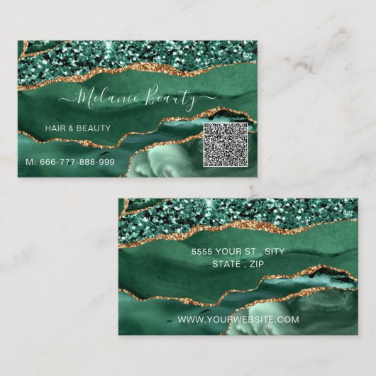 De Visite Agate Green Gold Parties scintillant QR Code Carte (Devant / Derrière)