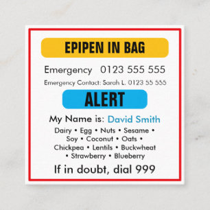 De Visite Carré Carte d'alerte médicale personnalisée EpiPen orang