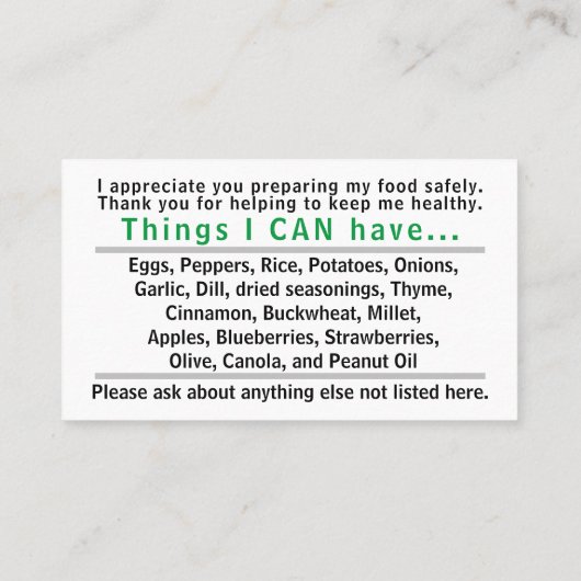 De Visite Carte Allergène (Dos)