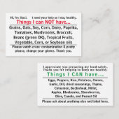 De Visite Carte Allergène (Devant / Derrière)