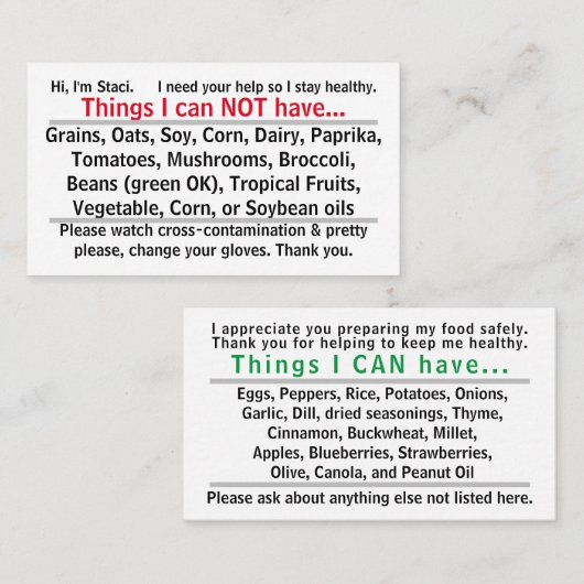 De Visite Carte Allergène (Devant / Derrière)