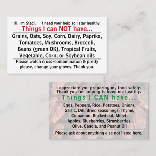 De Visite Carte Allergène 1 (Devant / Derrière)