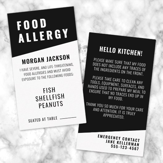 De Visite Carte Chef d'allergie alimentaire