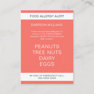De Visite Carte Chef personnalisée Alerte d'allergie aliment