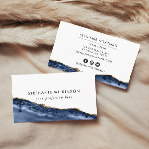 De Visite Carte d'affaires Blue Agate & Gold Border Watercol