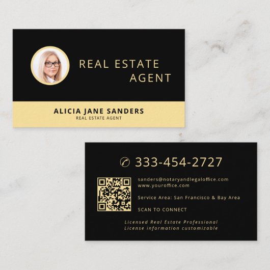 De Visite Carte d'agent immobilier code QR photo or noir (Devant / Derrière)