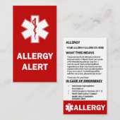 De Visite Carte d'alerte d'allergie personnalisée (Devant / Derrière)