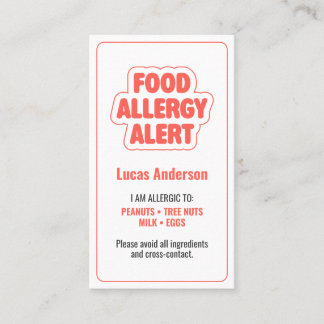 De Visite Carte d'avertissement d'allergie alimentaire pour