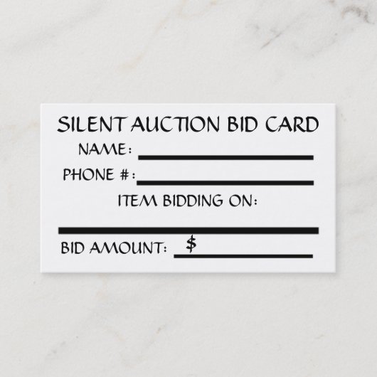 De Visite Carte d'enchère Silent Auction (Blanc) (Devant)