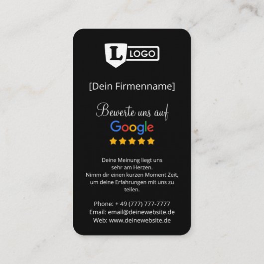 De Visite Carte d'évaluation Google avec code QR (Dos)