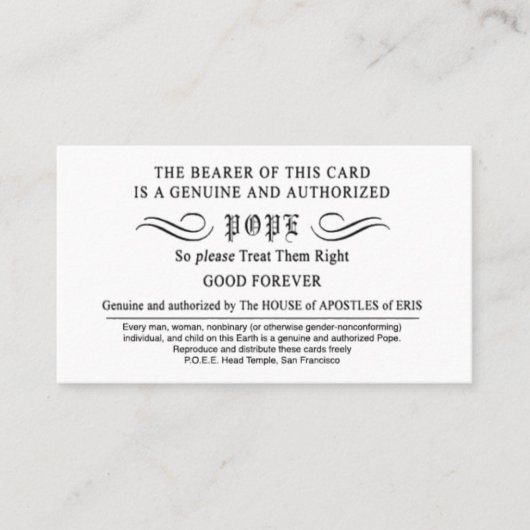 De Visite Carte Pope Erisian Discordian POEE (Devant)