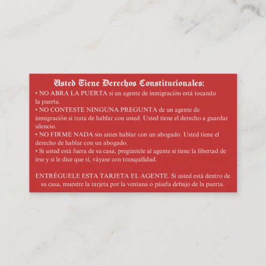 De Visite Carte rouge espagnole - Carte des droits d'immigra (Devant)