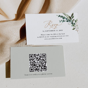 De Visite Carte RSVP QR Code Eucalyptus Greenery Gold Weddin