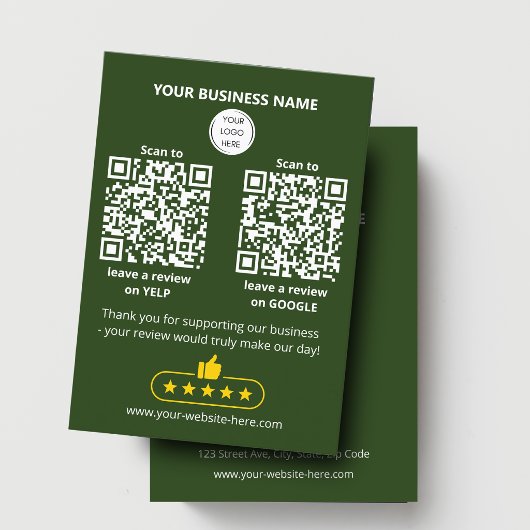 De Visite Code QR Avis Entreprise Verte GOOGLE et YELP Carte