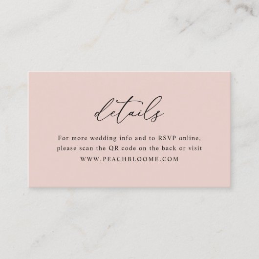 De Visite Dusty Rose Site Web Mariage QR Code Détails Carte (Devant)