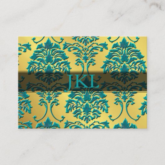 De Visite Monogramme turquoise sur la carte damask chubby en (Devant)