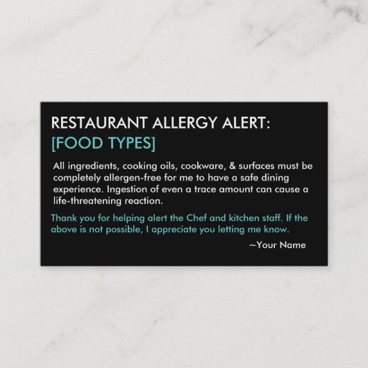 De Visite Restaurant d'allergie personnalisé et carte ICE - (Devant)