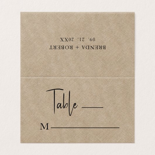De Visite Tan Linen Simple Noir Script Mariage Carte Place (Extérieur déplié)