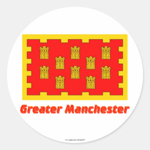 De Vlag van Greater Manchester met Naam Ronde Sticker