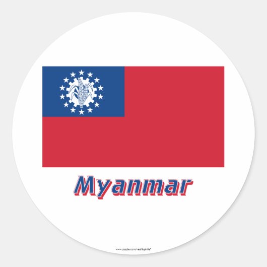 De vlag van Myanmar met naam 1974-2010 Ronde Sticker (Voorkant)