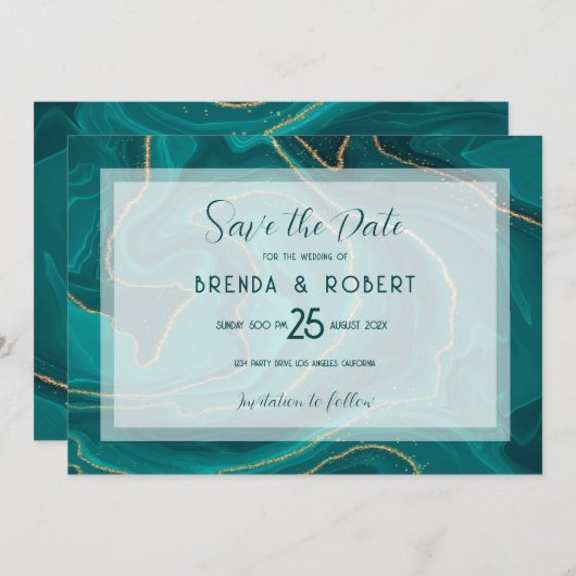 De vloeibare marmer van Turquoise sparen de Datum Save The Date (Voorkant / Achterkant)