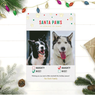 De Vœux En Aluminium Gold Foil Naughty ou Nice Carte photo à deux chien
