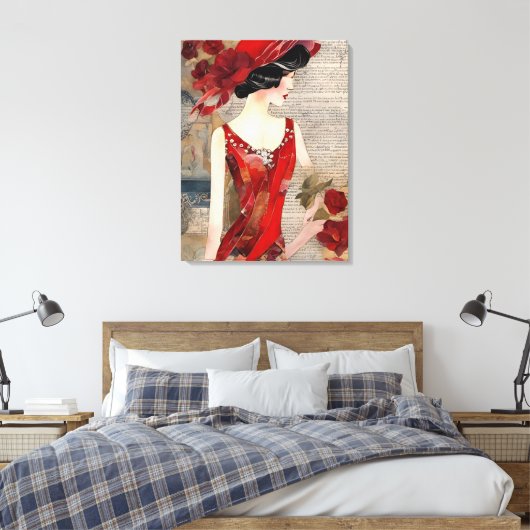 De vrouw in een rode jurk collage canvas afdruk (Insitu (Slaapkamer))