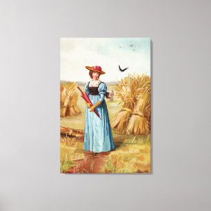 De vrouw in het tarweveld omwikkelde canvasprint canvas afdruk