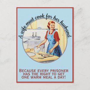 De  vrouw uit 1950 moet koken voor de man. briefkaart
