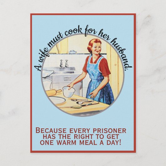 De  vrouw uit 1950 moet koken voor de man. briefkaart (Voorkant)