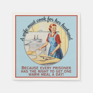 De vrouw uit 1950 moet koken voor de man. servet